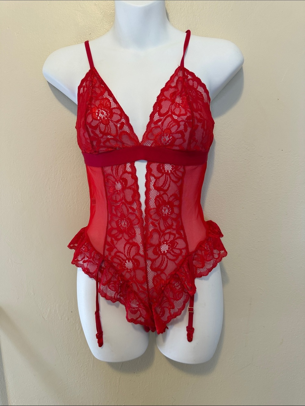 Red Lace Floral Sheer Chemise with Adjustable Straps